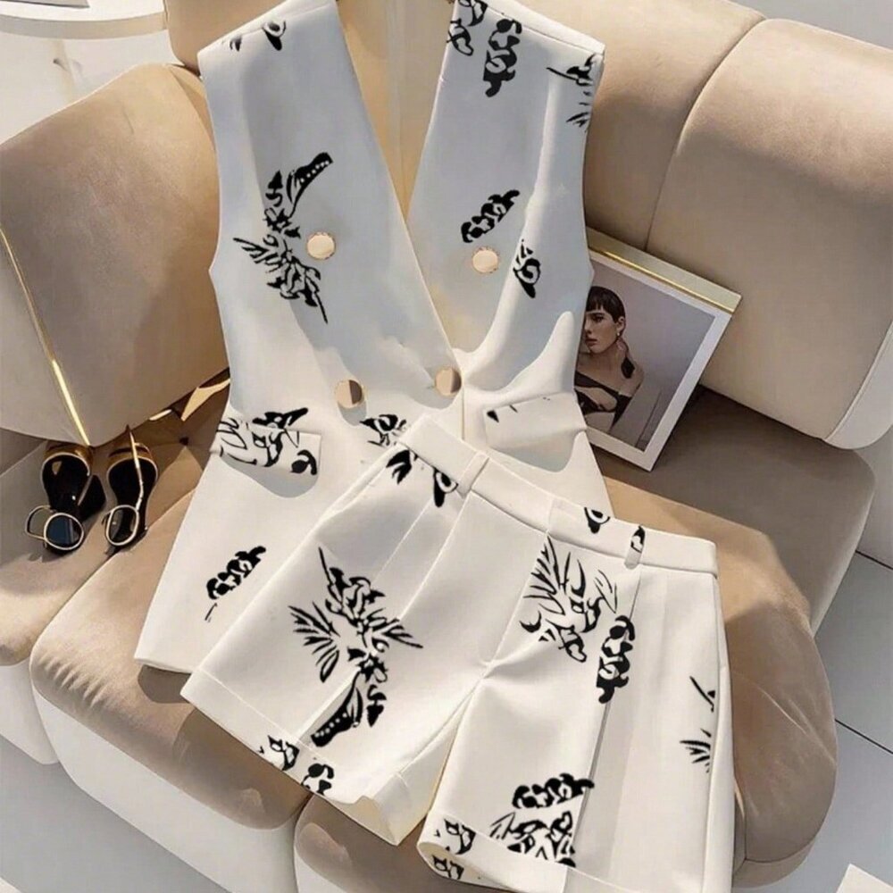 White Elegant Women's Floral Print Sleeveless Suit Vest And Shorts Set
